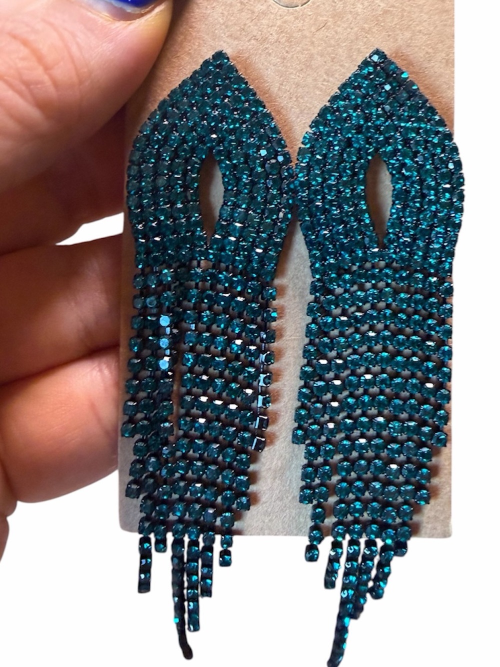 Emerald Teal Crystal Fringe Drop Earrings - Women Jewelry